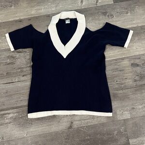 VENUS Navy and White Cold Shoulder Sweater